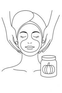A minimalist black line art drawing of a woman receiving a relaxing pumpkin spice facial.
