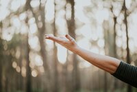 Arm outstretched with trees in the background