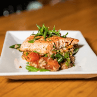 grilled wild sockeye salmon with risotto primavera Stanwood Grill Restaurant