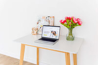 brand and website design for creative entrepreneurs. picture of desk with pink flowers, laptop, and brand board on top