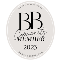 A beige oval emblem with the text "BB Community Member 2023" and "Bronte Bride" below. The top reads "Online Vendor Guide," perfect for any Canada wedding planner seeking reputable vendors.