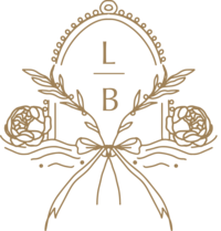 Watermark with two peonies, olive shoots, and the letters L and B