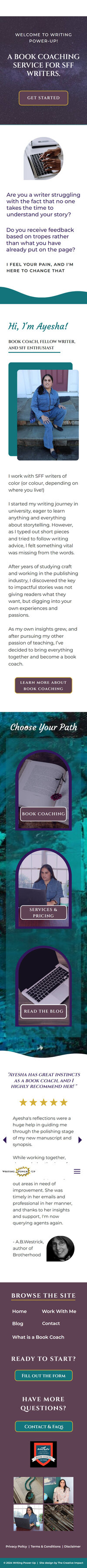 Writing Power-Up about me section of home page screenshot mobile mockup on cell phone