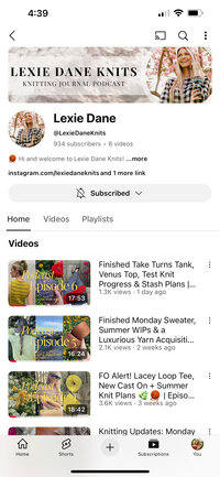 Lexie Dane Knits Youtube Channel displayed on a phone