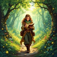 Girl walking down a path in a forrest reading a book