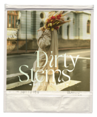 a woman walking across the street holding flowers and a logo for dirty stems