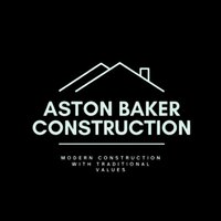 Minimalist logo with a roofline graphic above the words "Aston Baker Construction" and tagline "Modern construction with traditional values" on a black background.
