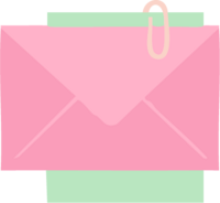 Simple illustration of a pink envelope and a green piece of paper paper-clipped together.