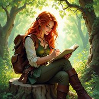 Girl sitting on a stump writing a book
