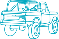 Illustration of baby blue Bronco with playful Latina flair, bold web designer- fun, retro, creating branding art.