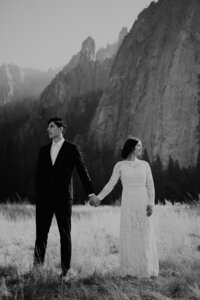 bride and groom holding  hands as they face towards the camera at the base of mountains