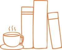 Orange illustration of hot tea in a cup and books icon