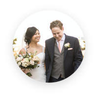 circle image of bride smiling at groom
