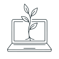 Laptop icon with small plant sprouting, symbolizing new creative beginnings and early-stage design growth at Grassroots Creative Company.