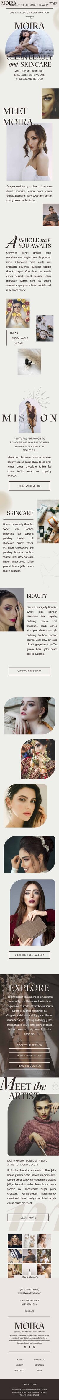 A mobile webpage for Moira, our Showit template for service-based businesses, featuring product collections and benefits, along with images of products, nature-inspired backgrounds, and models using the cosmetics.