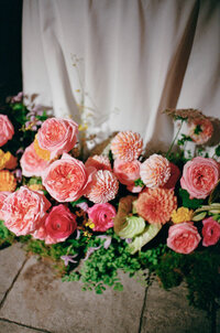 lush reception florals taken with direct flash taken by boston documentary wedding photographer