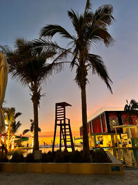 A serene sunset view featuring a lifeguard tower and palm trees, perfect for a romantic wedding setting by the beach.