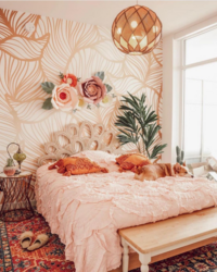 boho and flirty bedroom with flowers and neutral colors