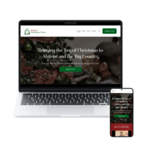 Mockup of a whimsical holiday-themed website for Kaden’s Christmas Trees, with illustrated elements and festive colors on desktop and mobile screens