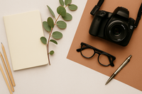 Flat lay of a creative workspace featuring a laptop, notebook, camera lens, and coffee cup in warm natural tones, representing Shannon Kathleen Photography's free mentorship starter pack for aspiring photographers.