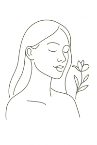 A clean, minimalist line drawing of a woman’s silhouette with flowing hair and a rising sun above, designed to evoke calm, wellness, and rejuvenation, ideal for spa or self-care promotions.