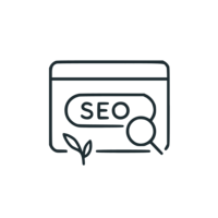 Line art icon of a web browser with an SEO search bar and magnifying glass, accented with a leaf to symbolize getting found online.