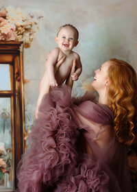 mauve couture gown mom with naked 6month old baby girl fine art floral