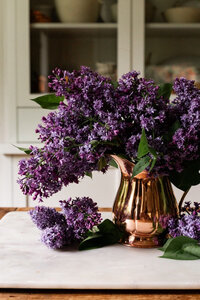 Coppermill Kitchen Small pitcher with a budding bouquet of purple flowers