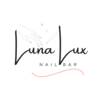 White circle with “Luna Lux Nail Bar” in black script, a hand with pink nails, and a swoopy line underneath.