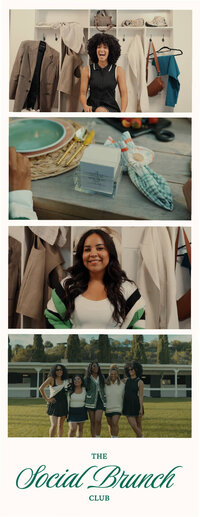 A strip of polaroid images of women on a golf green and at brunch.