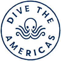 Circular stamp logo for Dive the Americas travel agency with octopus in center