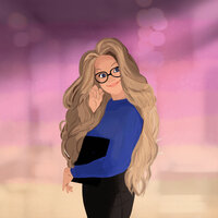 Illustrated drawing of character art of blonde woman with glasses in a turtleneck sweater holding her ipad