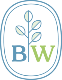 Initials BW with a simple foliage icon with four leaves