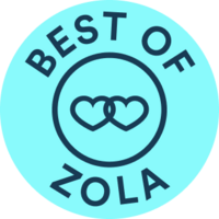 Best of Zola" logo with two interlocking heart outlines inside a circle, all in dark blue, set against a light blue backdrop reminiscent of historic barn weddings in Virginia.