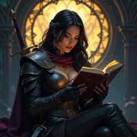 Woman reading a book with a sword and golden light behind her