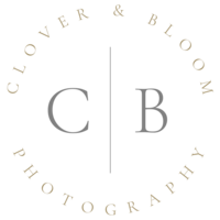 Initials C and B represent the Clover and Bloom Photography Brand with gold and sable accents on a crisp white backdrop