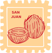 Red Fine- Line Stamp of two coconuts with "San Juan"- bold and playful Latina Web Designer