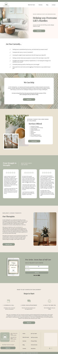 Ipad mockup of homepage "Our therapists" section and Seven Days of Self Care free series opt-in