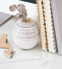 Organized desk with notebooks and clips of a creative virtual assistant - Sage + Taylor