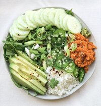 Rice bowl with cucumbers, green onions, carrots, avocado, and jalapeno