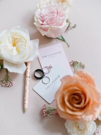 Wedding stationery and florals flatlay