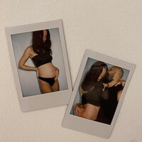 Two polaroid photos showing Meg's baby belly with husband