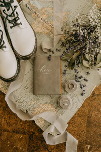 flat lay of wedding day details