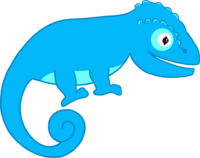 A cartoon chameleon with blue eyes and a long tail, serving as the playful mascot for Gamably.