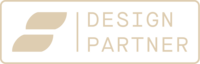 Beige logo with two stylized leaf shapes on the left, separated by a vertical line from the words "DESIGN PARTNER" in uppercase letters, all on a rectangular beige background—ideal for those looking to become a white label designer.
