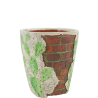 A ceramic cup that resembles plaster falling apart from red bricks with painted cacti and graffiti