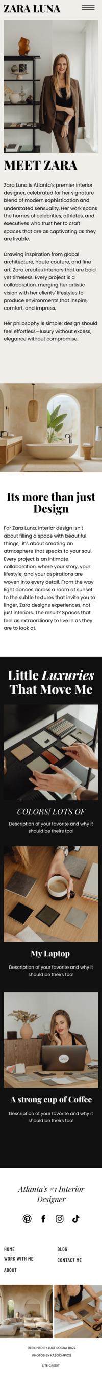 Interior design brand website displayed on tablet with neutral background.