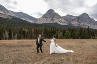 A bride and groom walk hand in hand through a golden meadow surrounded by rugged peaks and evergreen trees in Glacier National Park, captured in soft, moody tones by Sydney Breann Photography.