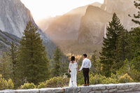 An eloping couple holds hands at sunrise in Yosemite.