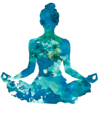 Watercolor silhouette of a woman sitting in meditation. The figure is painted in vibrant turquoise and blue hues